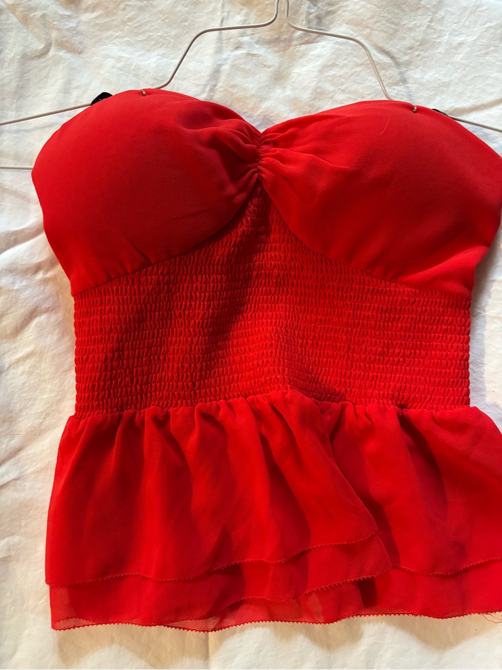 bebe Red Strapless Smocked Peplum Bustier Top